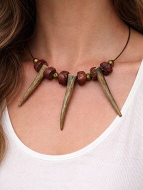 Vintage Tribal Horn Bone Spike Collar Necklace Natural Stone Beads Boho